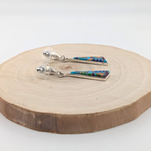 Handmade Native American Multi-Stones Dangle Earrings Sterling Silver Jewelry ** - Picture 10 of 11